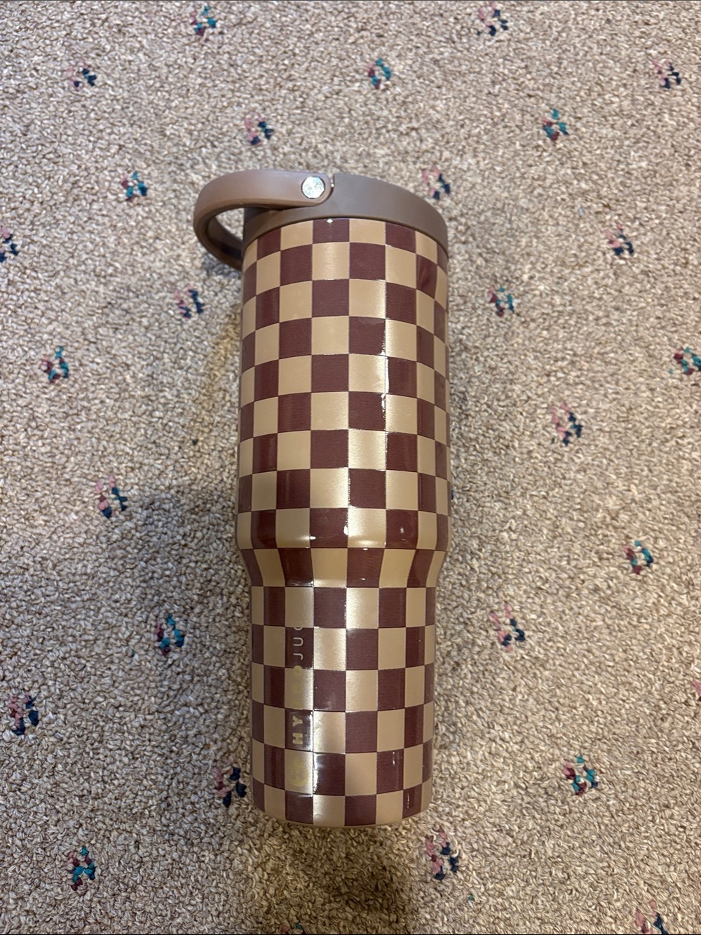 HydroJug Brown and Cream Checkered Travel Tumbler with Handle